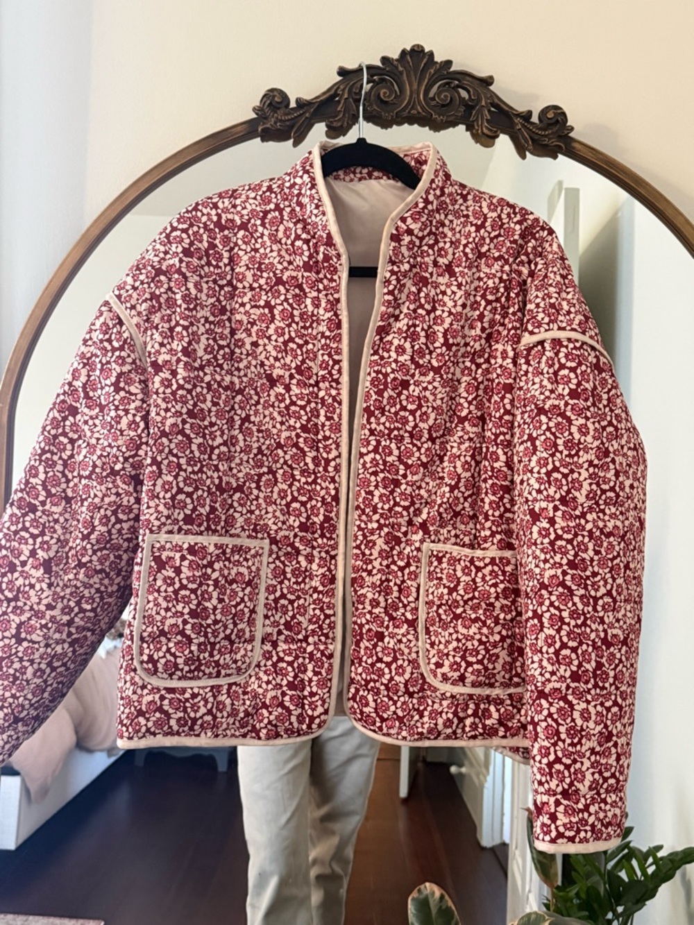 Quilted Floral Bomber Jacket - Red & Cream